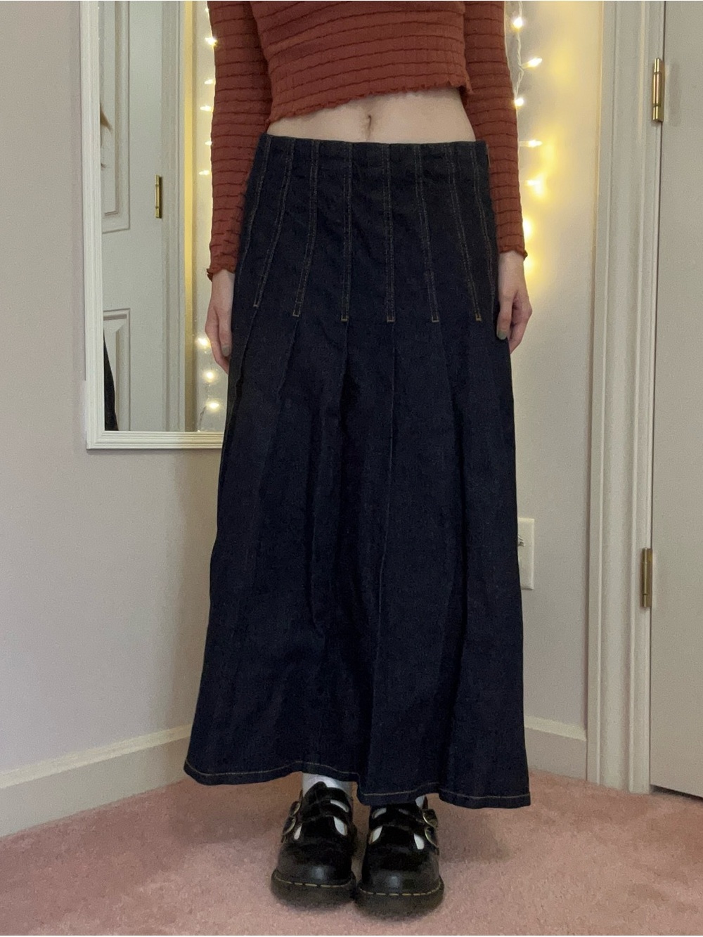 Denim Pleated Midi Skirt